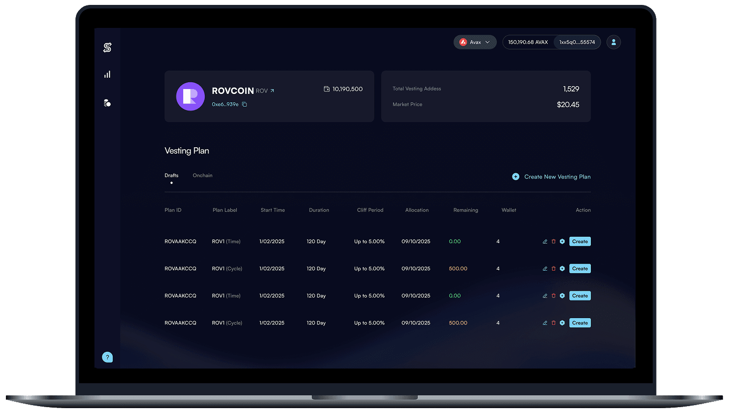 Manage Vesting Plans Page
